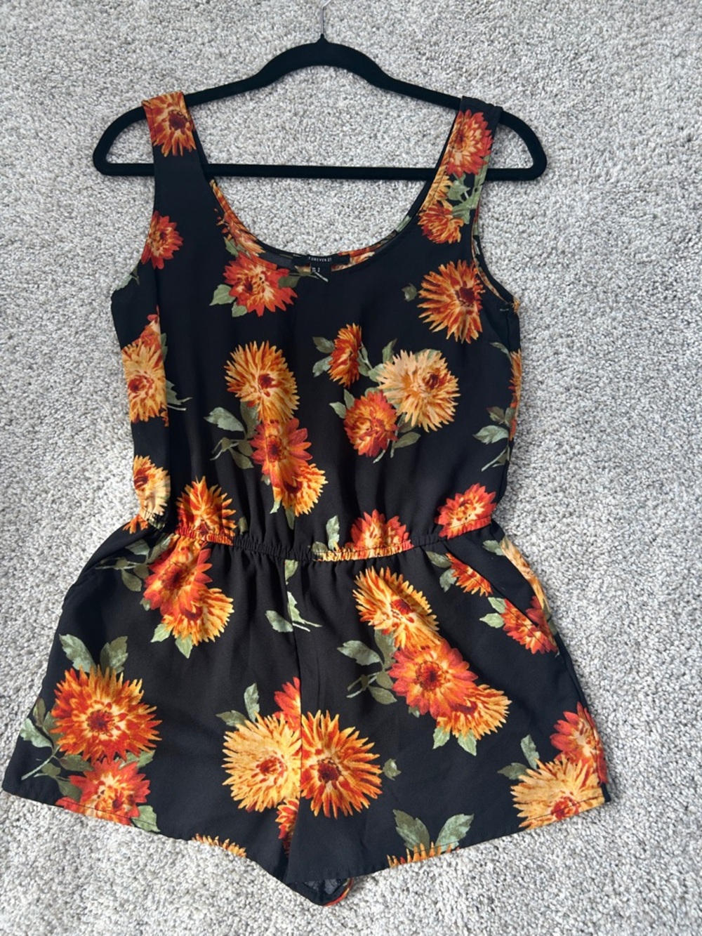 Forever 21 Black Romper with Orange & Yellow Floral Print